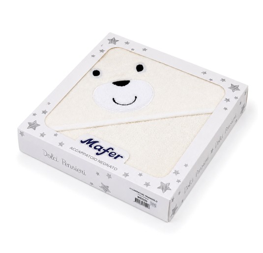 Baby hooded towel in cotton terry with embroidered Bear hood 2