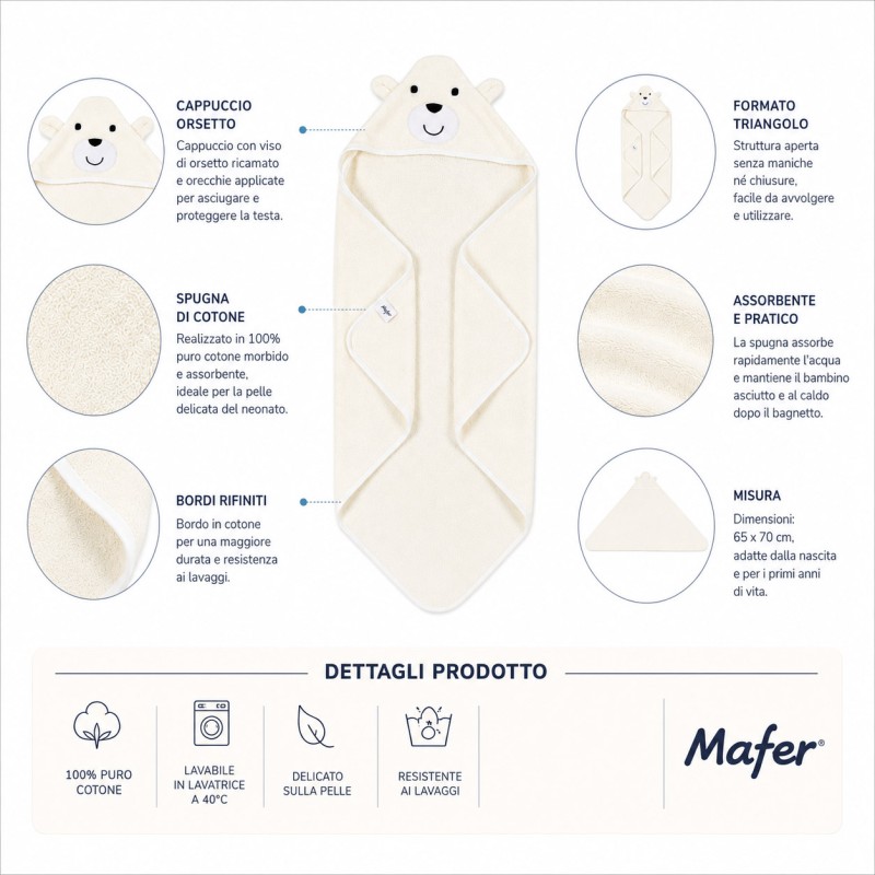 Baby hooded towel in cotton terry with embroidered Bear face