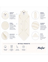 Baby hooded towel in cotton terry with embroidered Bear face