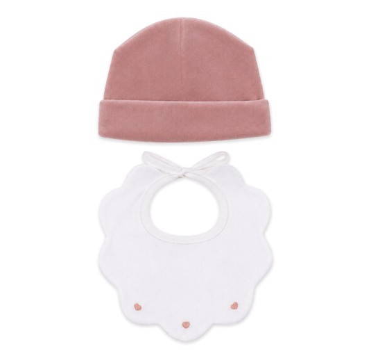Set cappellino neonata in ciniglia rosa con bavaglino ricamato Klaiadì K205BC