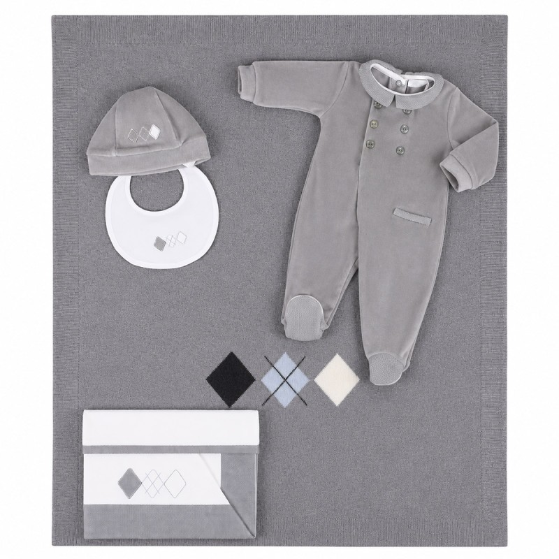 Newborn first outfit chenille layette set Coccode' pearl grey with blanket and matching accessories