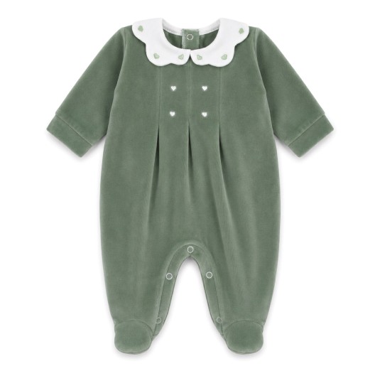Sage Green baby girl chenille sleepsuit Klaiadì K205TCVV with embroidered collar and enclosed feet