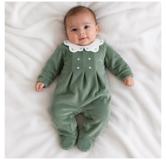 Sage Green baby girl chenille sleepsuit Klaiadì K205TCVV with embroidered collar and enclosed feet 2