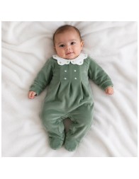 Sage Green chenille baby girl sleepsuit with heart embroidery and snap-button closure Klaiadì K205TCVV