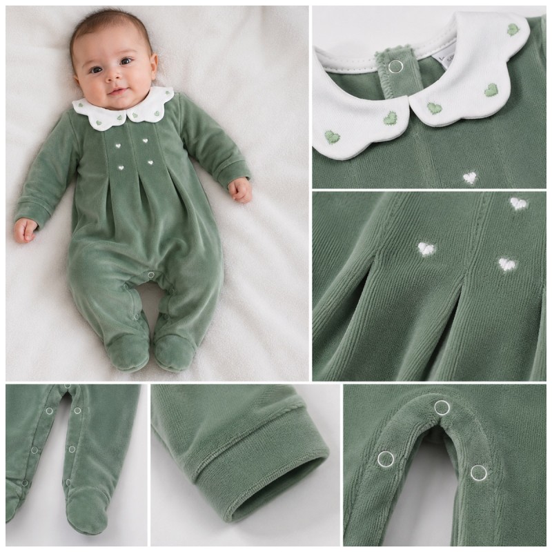 Sage Green baby girl chenille sleepsuit Klaiadì K205TCVV with integrated feet for autumn and winter