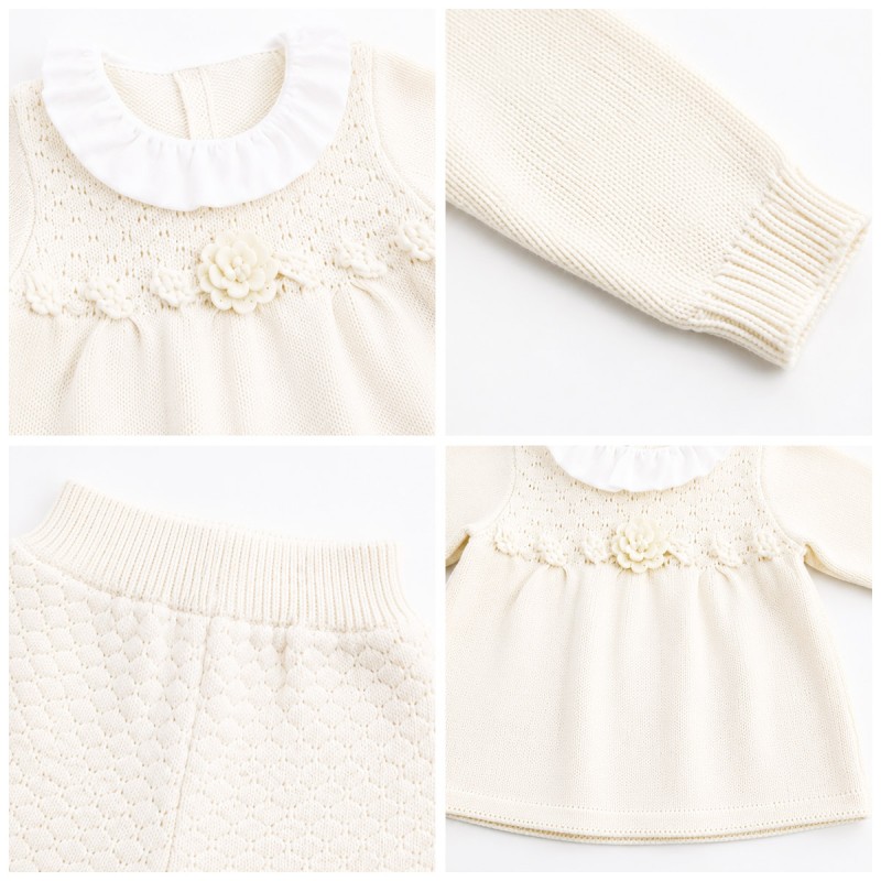 Baby girl pure wool 2-piece set Stella IS4019 with gathered collar and knitted trousers