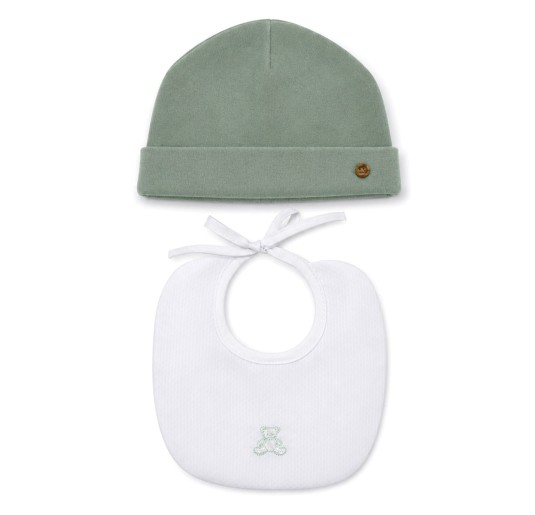 Chenille newborn hat and embroidered bib set by Klaiadi in sage green