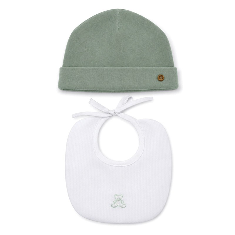 Chenille newborn hat and embroidered bib set by Klaiadi in sage green