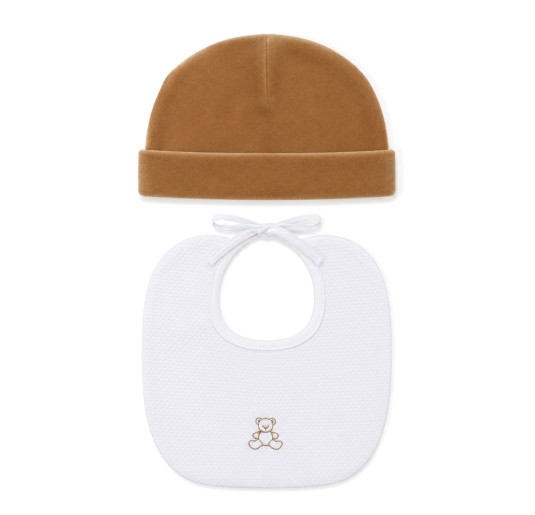 Cappellino neonato con bavaglino in ciniglia Made in Italy colore biscotto e bianco