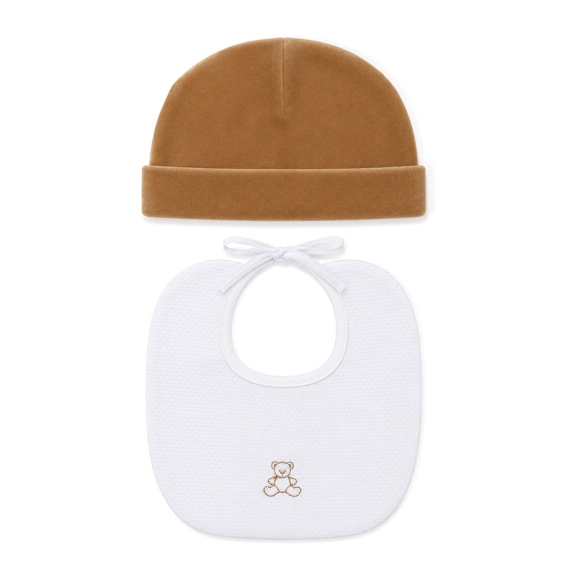 Cappellino neonato con bavaglino in ciniglia Made in Italy colore biscotto e bianco