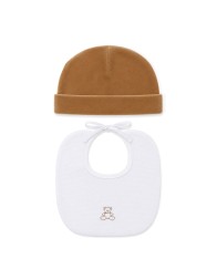 Cappellino neonato con bavaglino in ciniglia Made in Italy colore biscotto e bianco