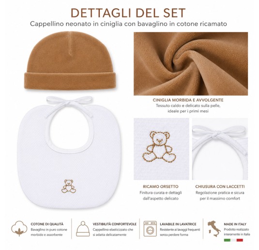 Newborn velour hat and cotton bib set Made in Italy in biscuit and white 2