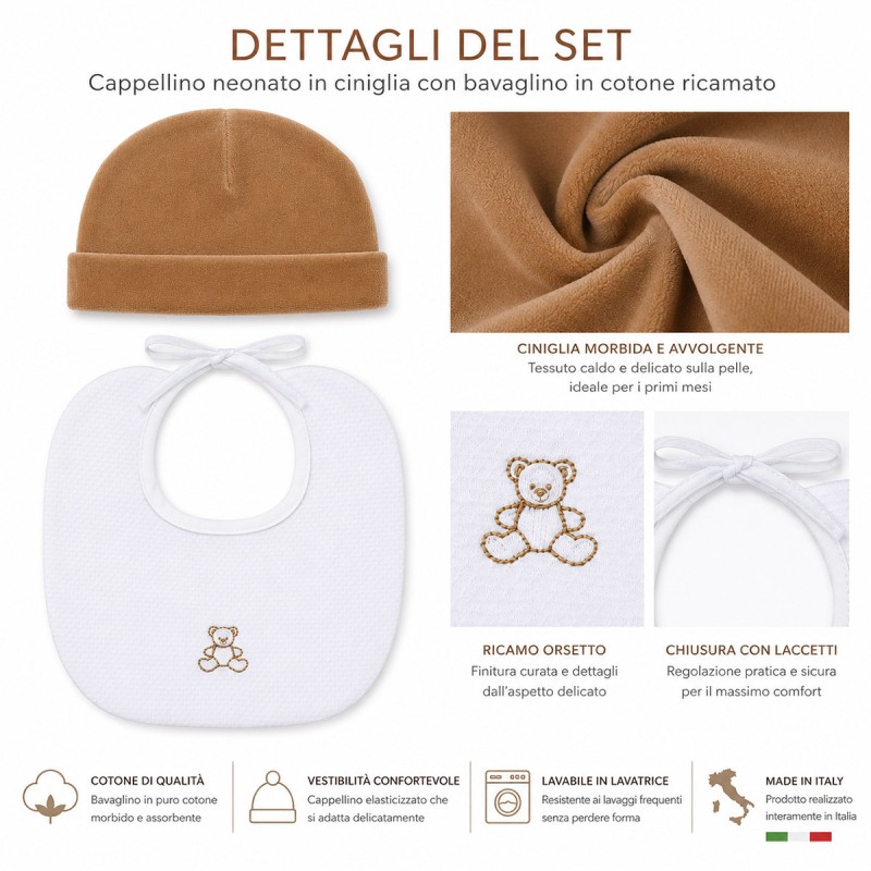 Newborn velour hat with embroidered cotton bib for baby layette