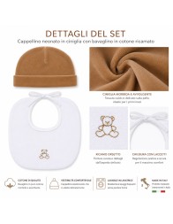 Newborn velour hat with embroidered cotton bib for baby layette