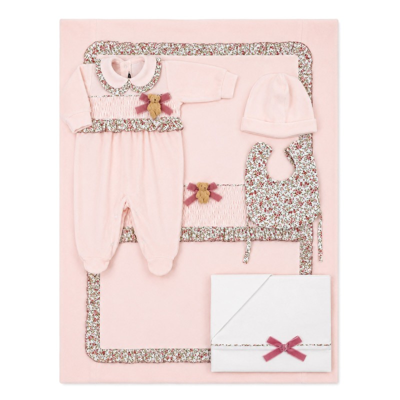 Chenille baby girl layette set SET502 with matching blanket and sleepsuit