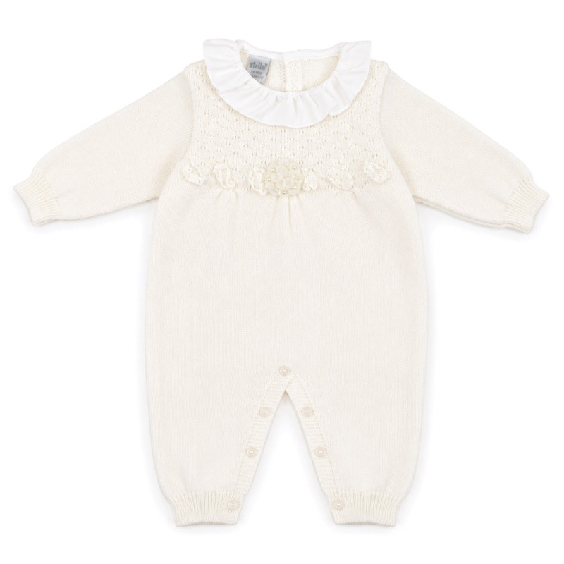 Stella IS4010 baby girl pure wool romper with ruffled neckline and floral appliqué