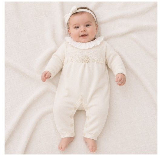 Stella IS4010 baby girl pure wool romper with ruffled neckline and floral appliqué 2