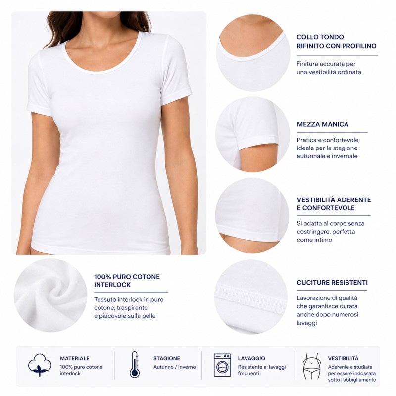 Women's short sleeve cotton interlock thermal undershirt for autumn and winter