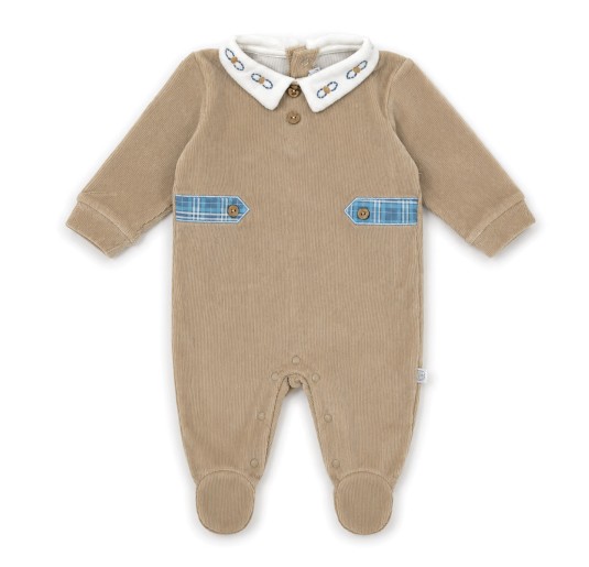 Baby boy velour sleepsuit in beige with embroidered collar by Nazareno Gabrielli