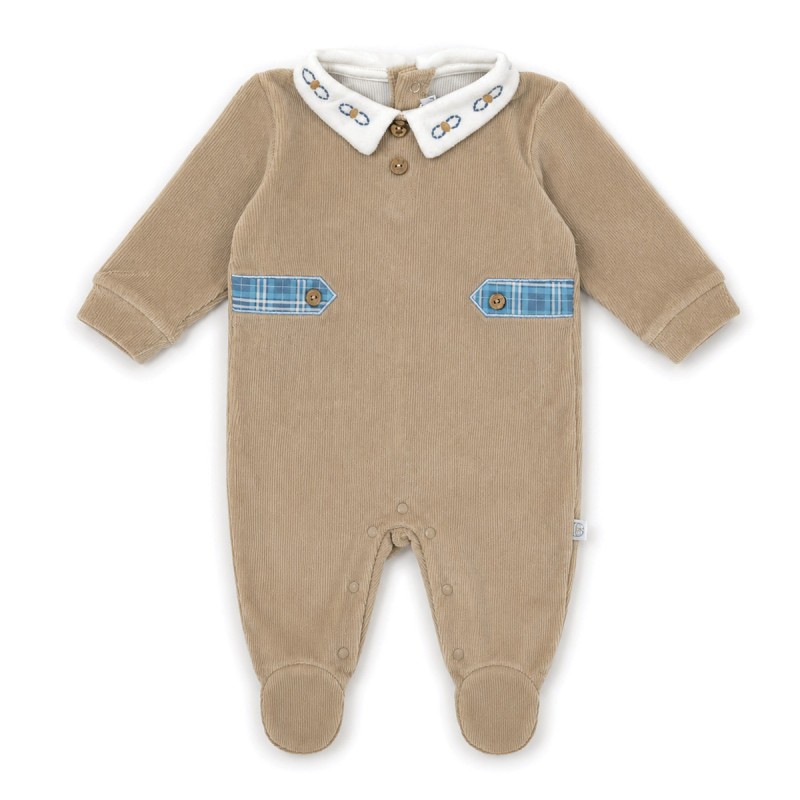 Baby boy velour sleepsuit in beige with embroidered collar by Nazareno Gabrielli