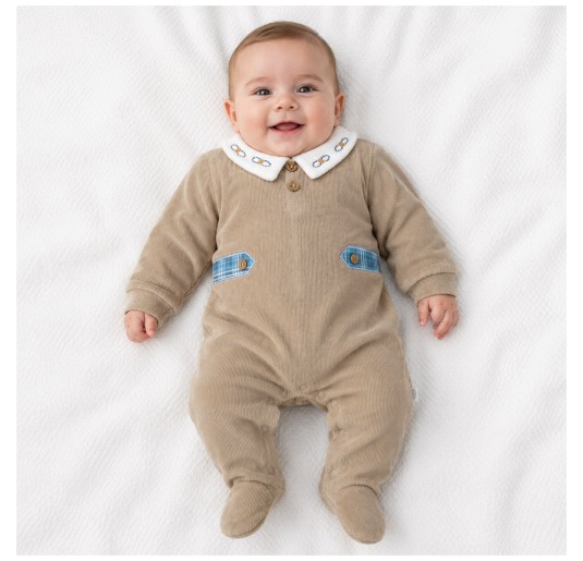 Baby boy velour sleepsuit in beige with embroidered collar by Nazareno Gabrielli 2