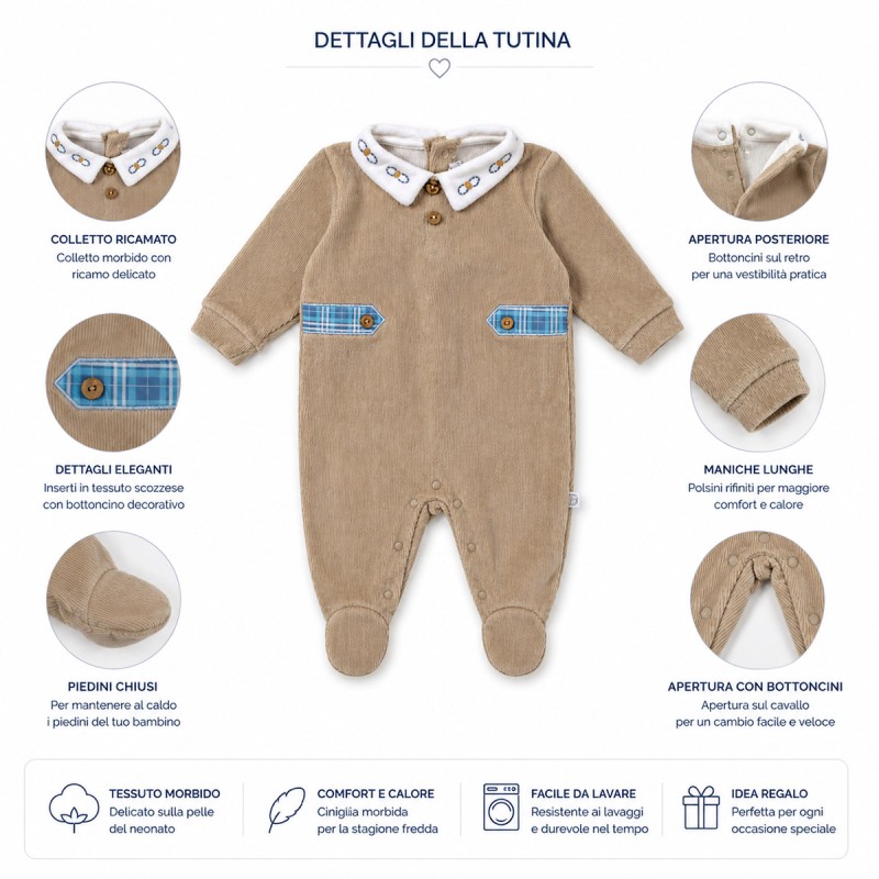 Baby boy velour sleepsuit with snap buttons and white embroidered collar