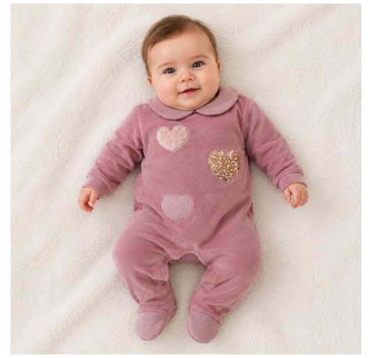 Tutina neonata in ciniglia rosa con applicazioni a cuore e colletto arrotondato 2
