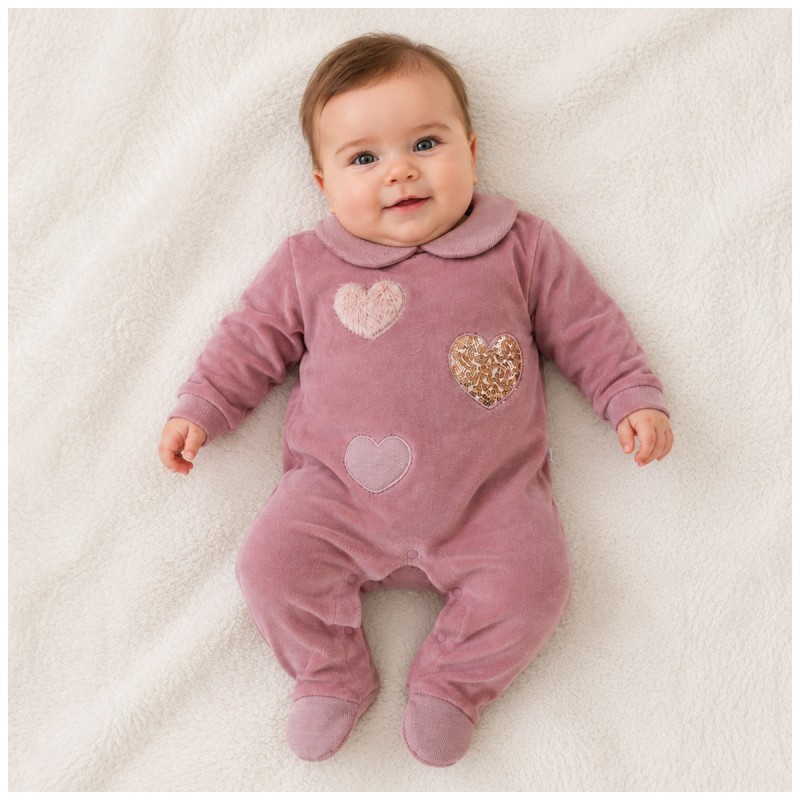 Pink baby girl velour sleepsuit with enclosed feet for autumn and winter