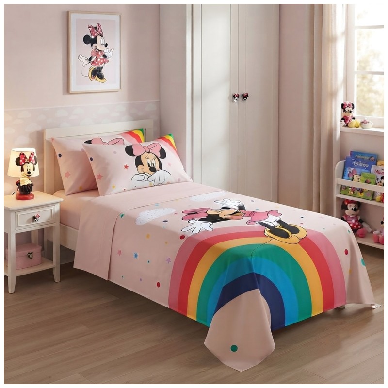 Completo lenzuola singolo Minnie Colors in 100% cotone biologico per letto a una piazza