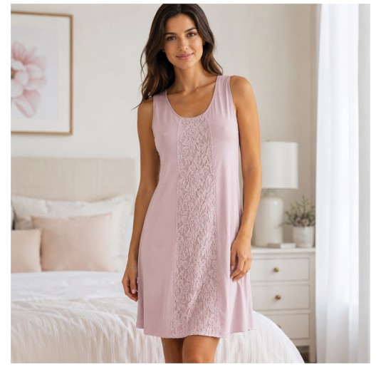 Sleeveless Nightdress with Central Lace Panel - Amelie -...