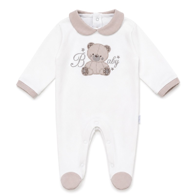Warm cotton baby sleepsuit Les Jolies with embroidered teddy bear and collar