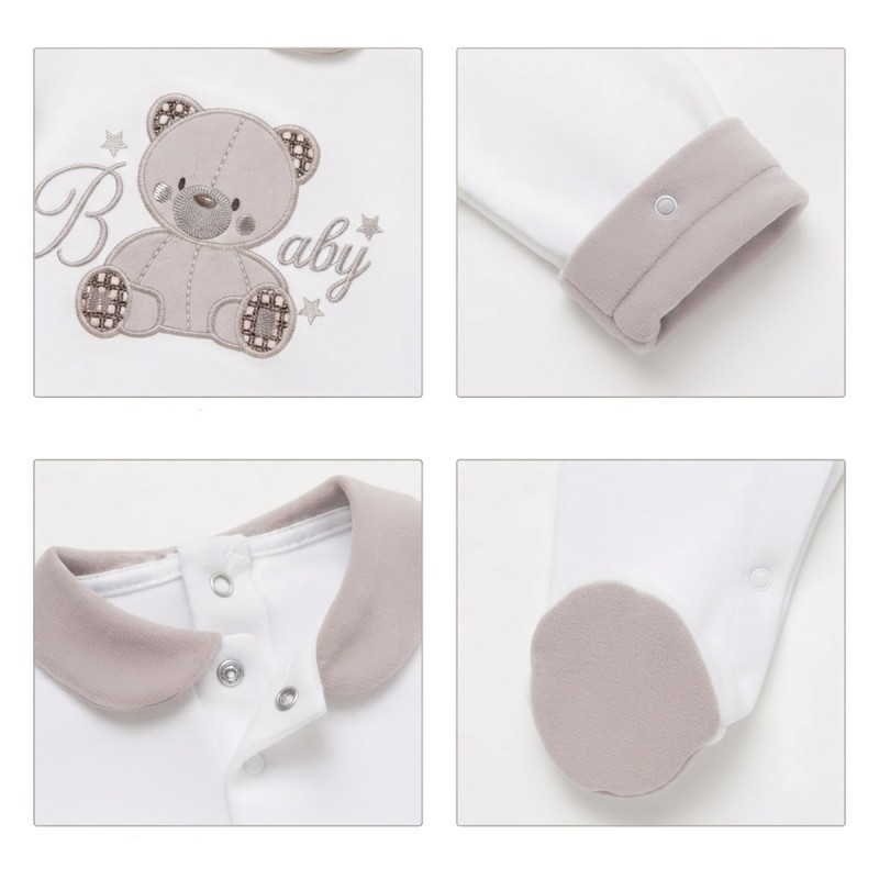 Warm cotton baby sleepsuit Les Jolies with enclosed feet and teddy bear embroidery