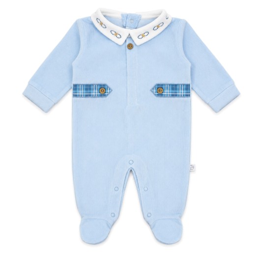 Tutina neonato in ciniglia celeste con colletto ricamato e piedini