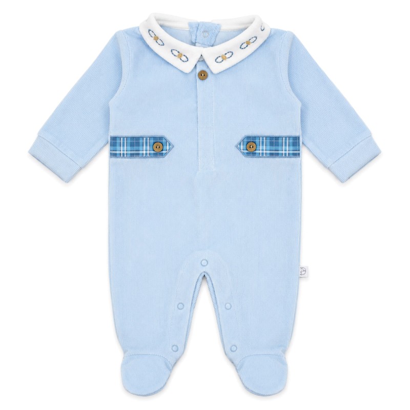 Tutina neonato in ciniglia celeste con colletto ricamato e piedini