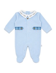 Sky blue chenille baby sleepsuit with embroidered collar and enclosed feet