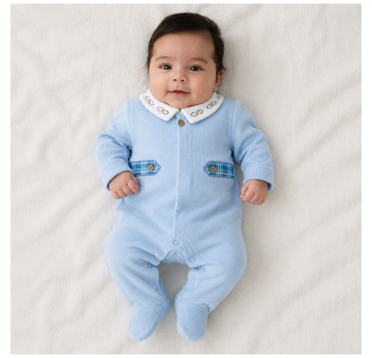 Sky blue chenille baby sleepsuit with embroidered collar and enclosed feet 2