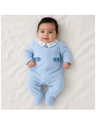 Sky blue chenille baby sleepsuit with tartan details and snap buttons
