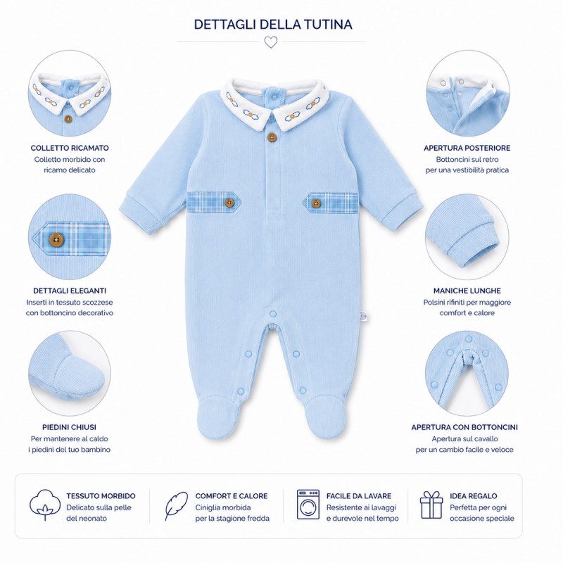 Embroidered sky blue chenille baby sleepsuit with white collar and enclosed feet