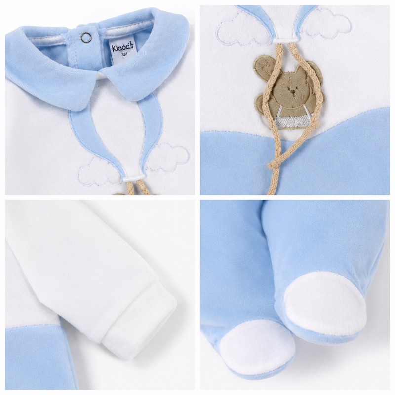 Blue and white chenille baby outfit with teddy bear embroidery Made in Italy