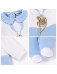Blue and white chenille baby outfit with teddy bear embroidery Made in Italy