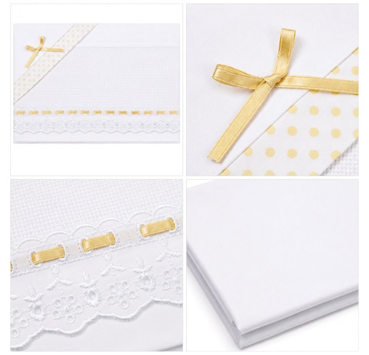 Baby crib and pram sheet set in pure cotton with Aida embroidery panel and Sangallo lace with gold satin ribbon 2