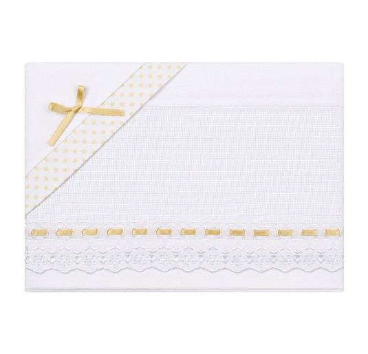 Baby crib and pram sheet set in pure cotton with Aida embroidery panel and Sangallo lace with gold satin ribbon