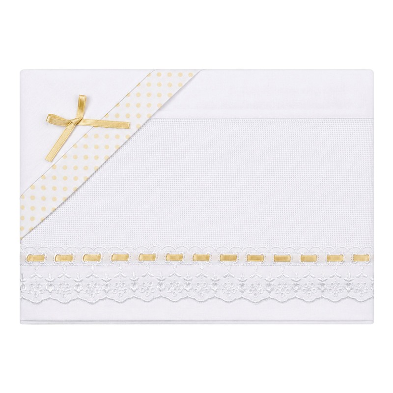 Baby crib and pram sheet set in pure cotton with Aida embroidery panel and Sangallo lace with gold satin ribbon