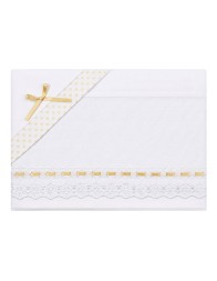 Baby crib and pram sheet set in pure cotton with Aida embroidery panel and Sangallo lace with gold satin ribbon