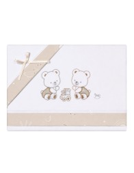 Set lenzuola lettino ricamato in puro cotone con orsetti, trenino e fiocco in raso Mio Piccolo