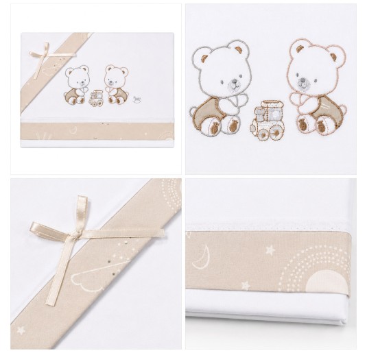 Embroidered baby cot sheet set in pure cotton with teddy bears, train and satin bow by Mio Piccolo 2