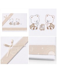 Set lenzuola lettino ricamato con due orsetti, trenino ricamato e inserti decorativi beige in puro cotone