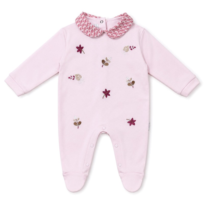 Tutina neonata in cotone interlock rosa con ricami floreali e piedini