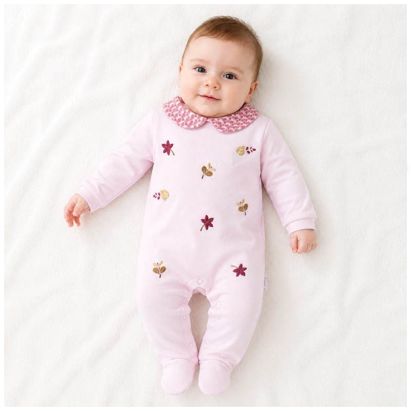 Pink baby cotton interlock sleepsuit with floral collar and snap buttons