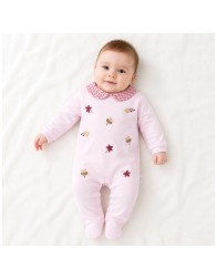 Pink baby cotton interlock sleepsuit with floral collar and snap buttons